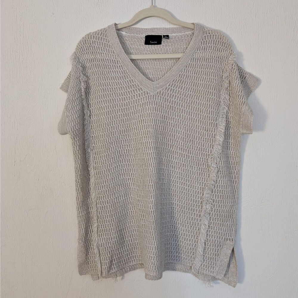Lumiere Tunic Sweater Womens Small Beige Open Knit Short Sleeve Fringe Casual
